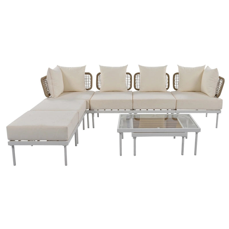 Ensemble de canapé d'angle 8 pièces pour patio avec table basse en verre trempé