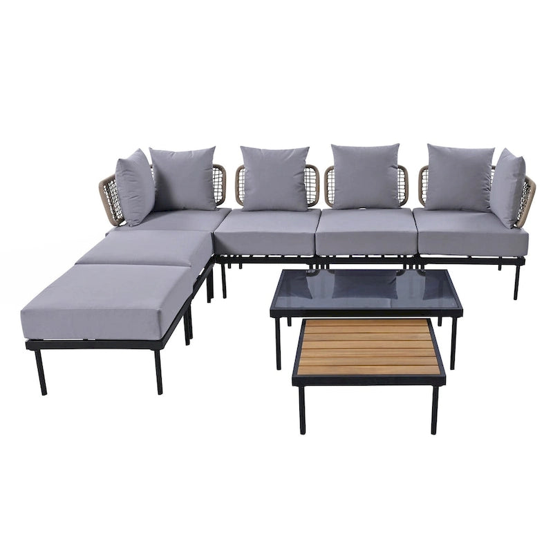 Ensemble de canapé d'angle 8 pièces pour patio avec table basse en verre trempé