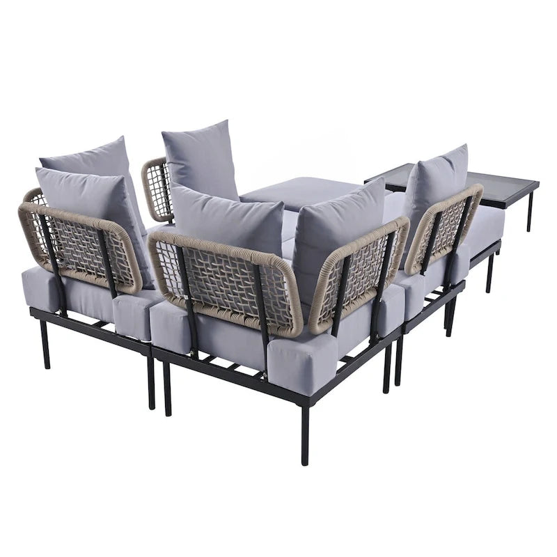 Ensemble de canapé d'angle 8 pièces pour patio avec table basse en verre trempé