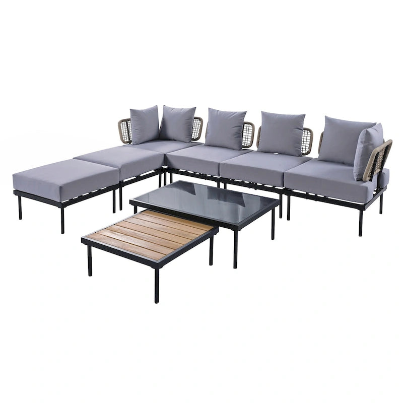 Ensemble de canapé d'angle 8 pièces pour patio avec table basse en verre trempé