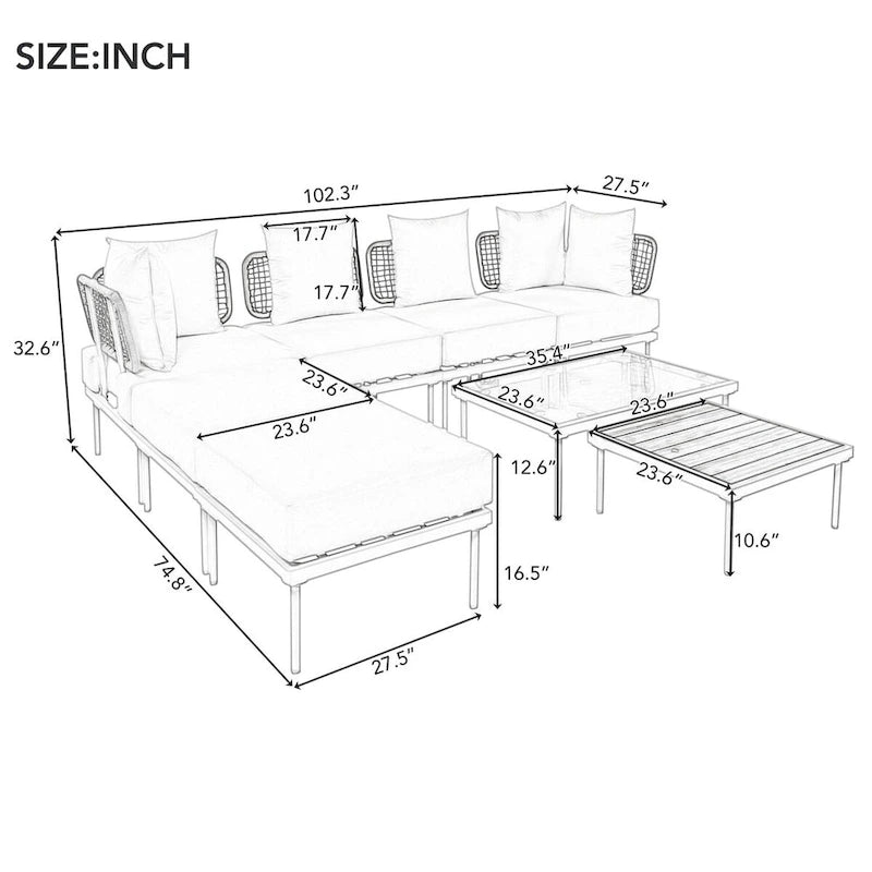 Ensemble de canapé d'angle 8 pièces pour patio avec table basse en verre trempé