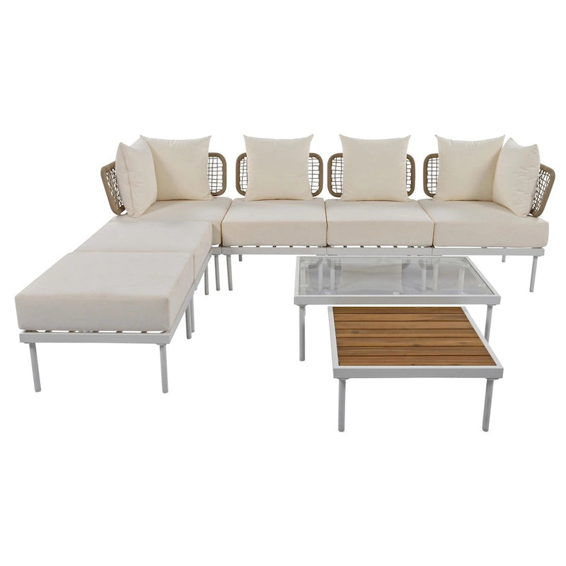 Ensemble de canapé d'angle 8 pièces pour patio avec table basse en verre trempé