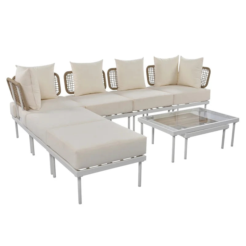 Ensemble de canapé d'angle 8 pièces pour patio avec table basse en verre trempé