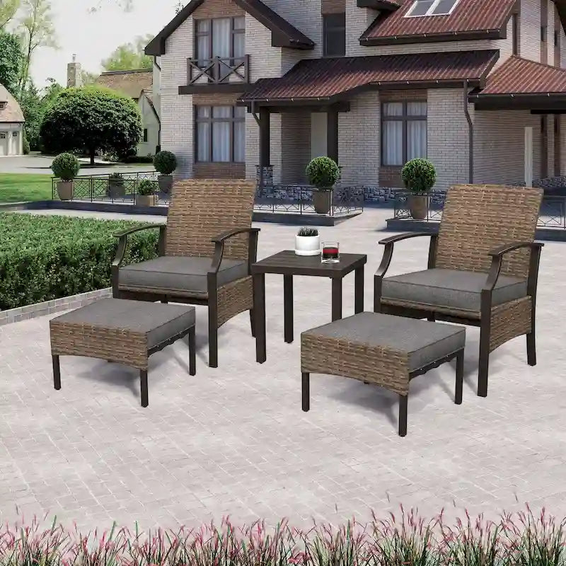 Ensemble de conversation de patio 5 pièces avec coussins, table basse et pouf