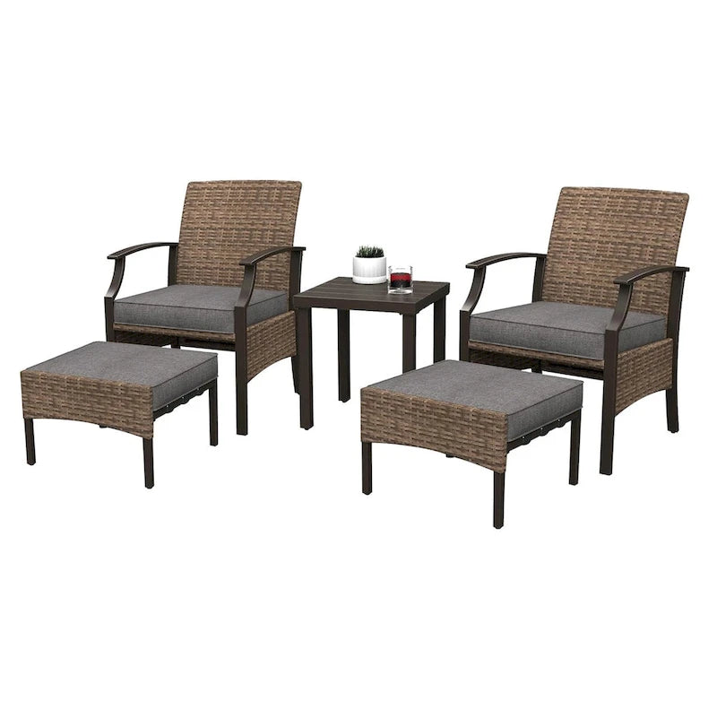 Ensemble de conversation de patio 5 pièces avec coussins, table basse et pouf