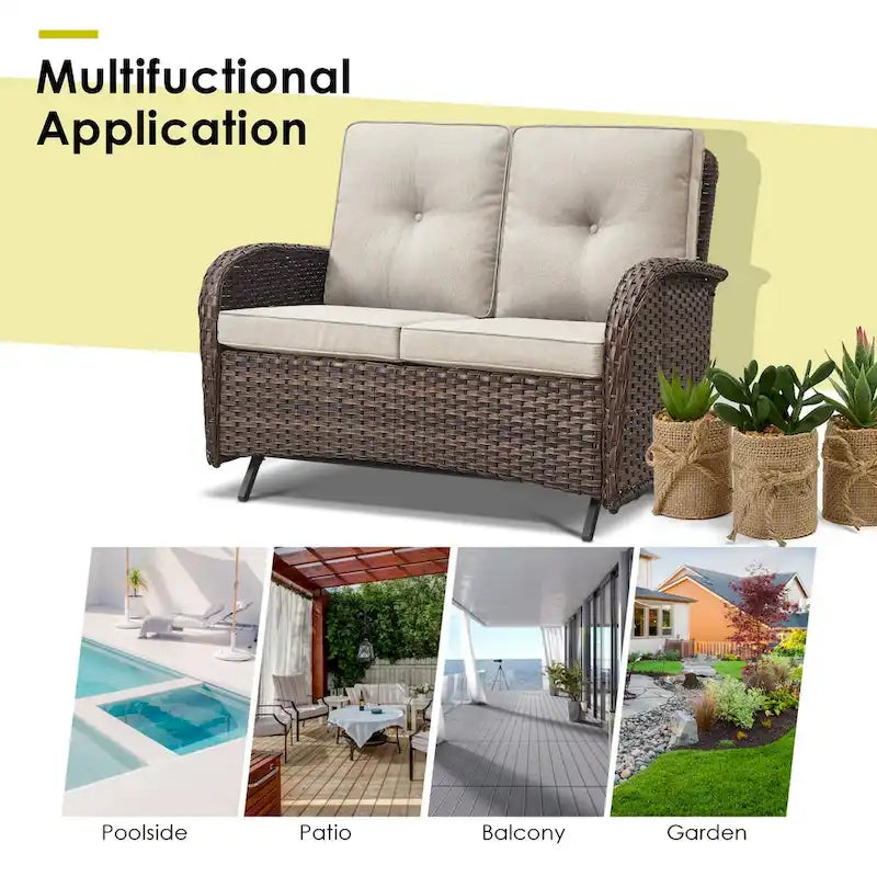 Fauteuil à bascule de patio avec canapé et pouf, table basse - Marron