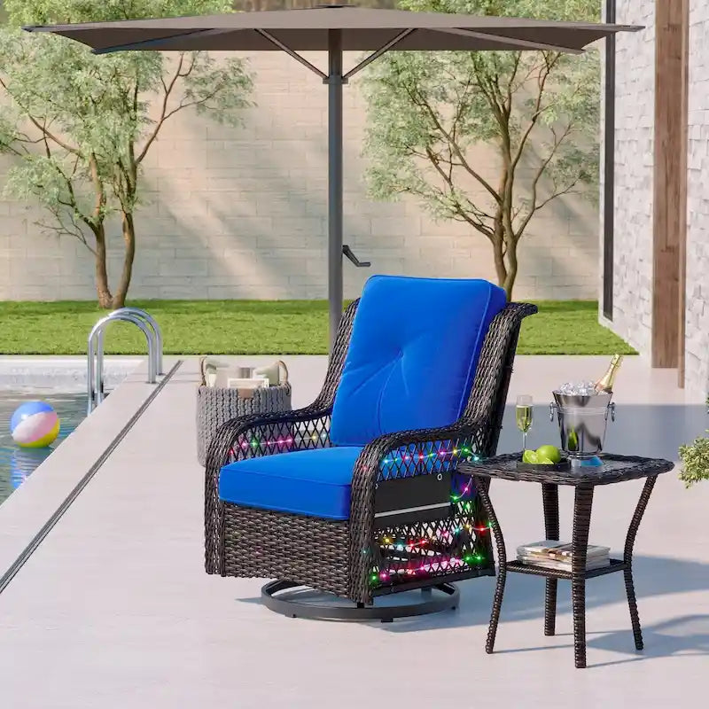 Fauteuil à bascule pivotant d'extérieur en rotin tressé avec éclairage LED et table d'appoint (1 place)