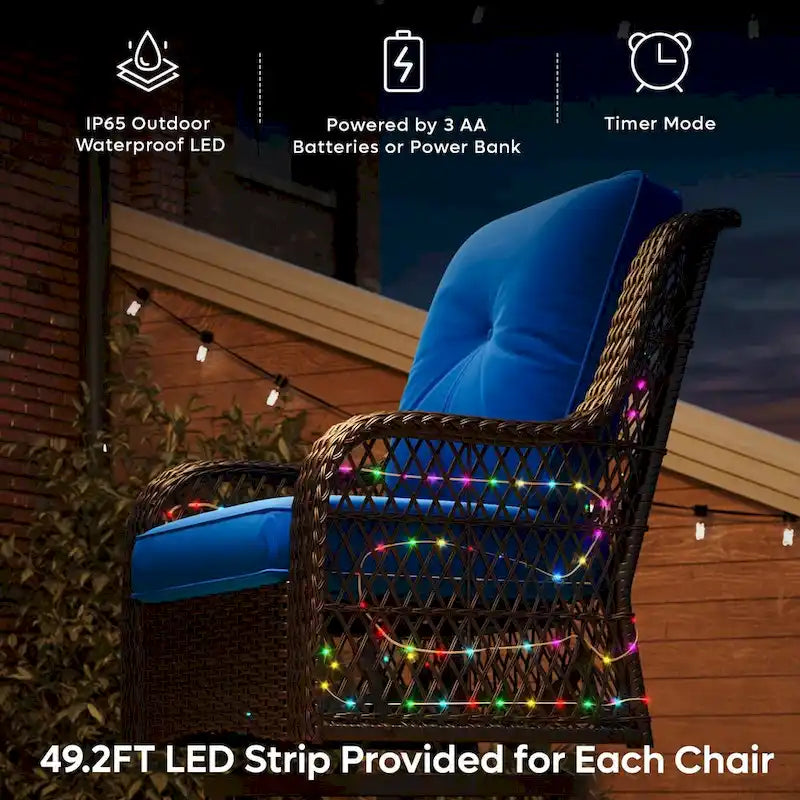 Fauteuil à bascule pivotant d'extérieur en rotin tressé avec éclairage LED et table d'appoint (1 place)