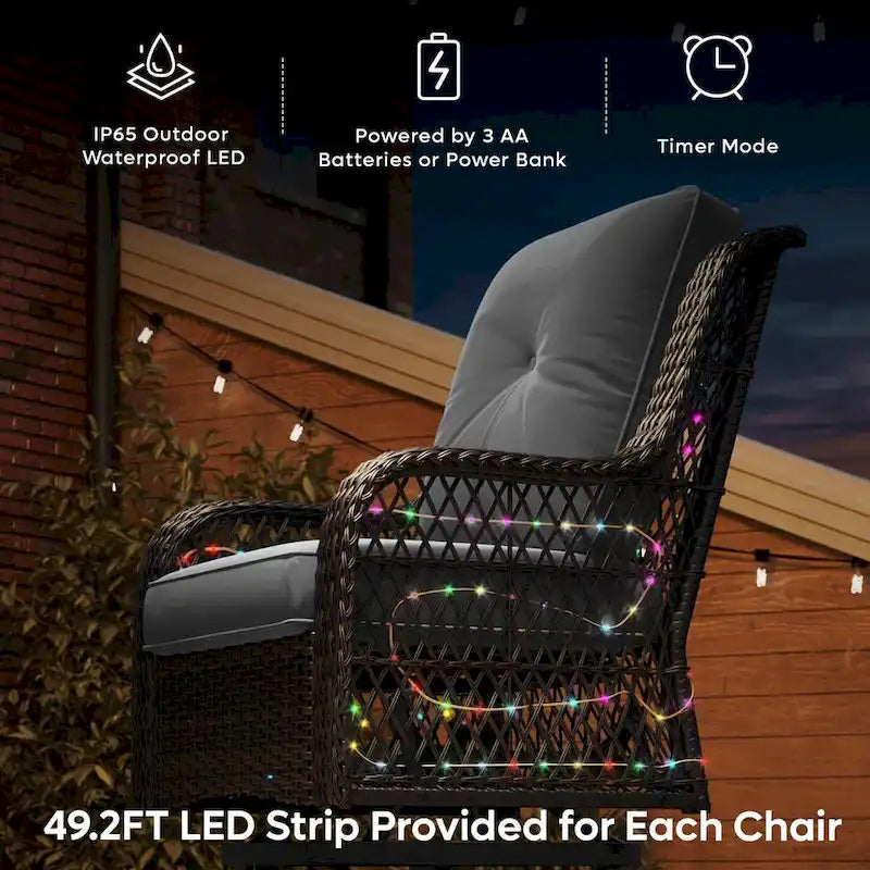 Fauteuil à bascule pivotant d'extérieur en rotin tressé avec éclairage LED et table d'appoint (1 place)