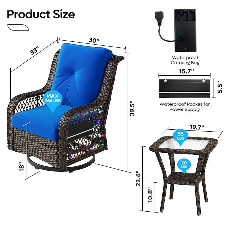 Fauteuil à bascule pivotant d'extérieur en rotin tressé avec éclairage LED et table d'appoint (1 place)