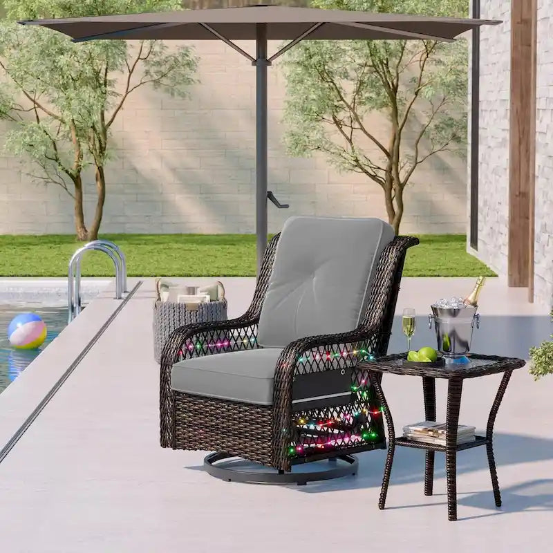 Fauteuil à bascule pivotant d'extérieur en rotin tressé avec éclairage LED et table d'appoint (1 place)