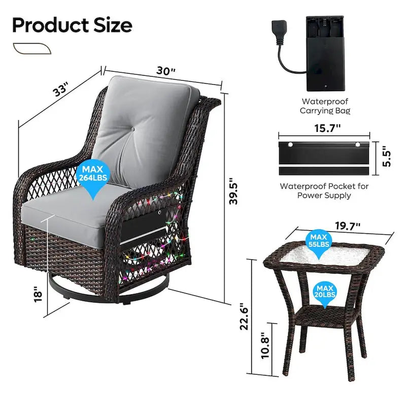 Fauteuil à bascule pivotant d'extérieur en rotin tressé avec éclairage LED et table d'appoint (1 place)