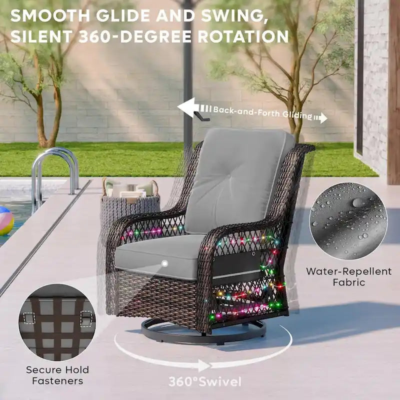 Fauteuil à bascule pivotant d'extérieur en rotin tressé avec éclairage LED et table d'appoint (1 place)