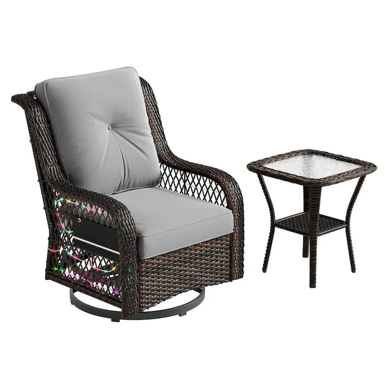 Fauteuil à bascule pivotant d'extérieur en rotin tressé avec éclairage LED et table d'appoint (1 place)