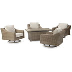 Table brasero Beachcroft marron/beige, signée Ashley Beachcroft, avec 4 fauteuils pivotants Nuvella.