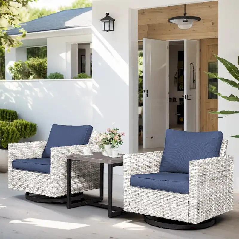 Fauteuil à bascule en rotin PE, table d'appoint avec plateau en verre - Gris clair
