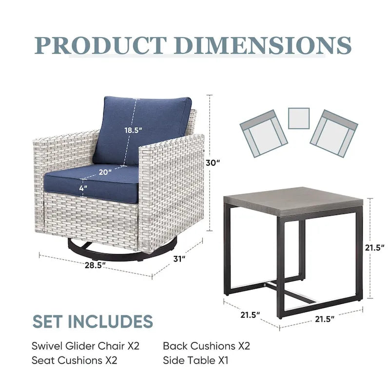 Fauteuil à bascule en rotin PE, table d'appoint avec plateau en verre - Gris clair