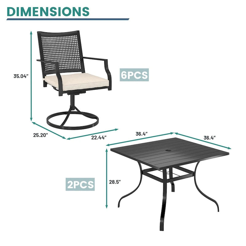 Table de salle à manger carrée en acier avec chaise (ensemble de 6)