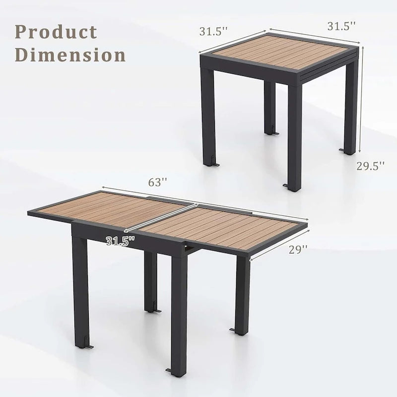 Table de patio extensible d'extérieur 31,5-63 cm avec support en L inclus