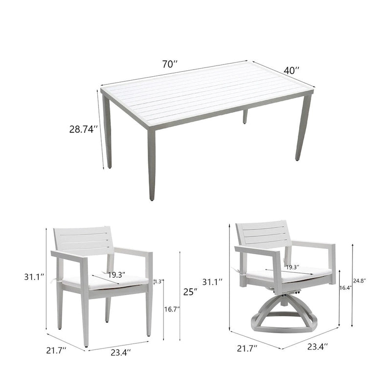 Ensemble de mobilier de patio en aluminium 7 pièces comprenant 4 chaises de salle à manger et 2 fauteuils pivotants à bascule