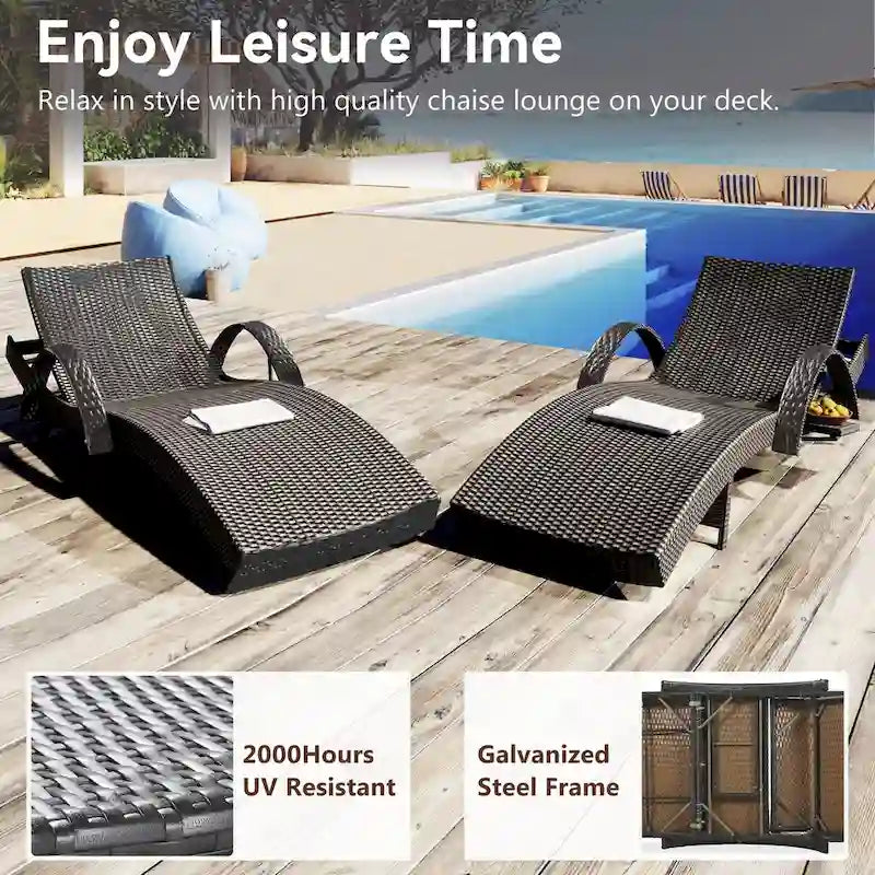 Ensemble de 2 chaises longues en osier de 80 cm, chaise longue de patio en rotin inclinable avec table d'appoint coulissante et dossier réglable ergonomique