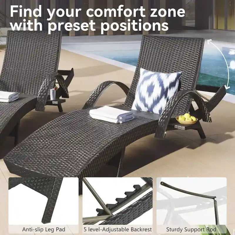 Ensemble de 2 chaises longues en osier de 80 cm, chaise longue de patio en rotin inclinable avec table d'appoint coulissante et dossier réglable ergonomique