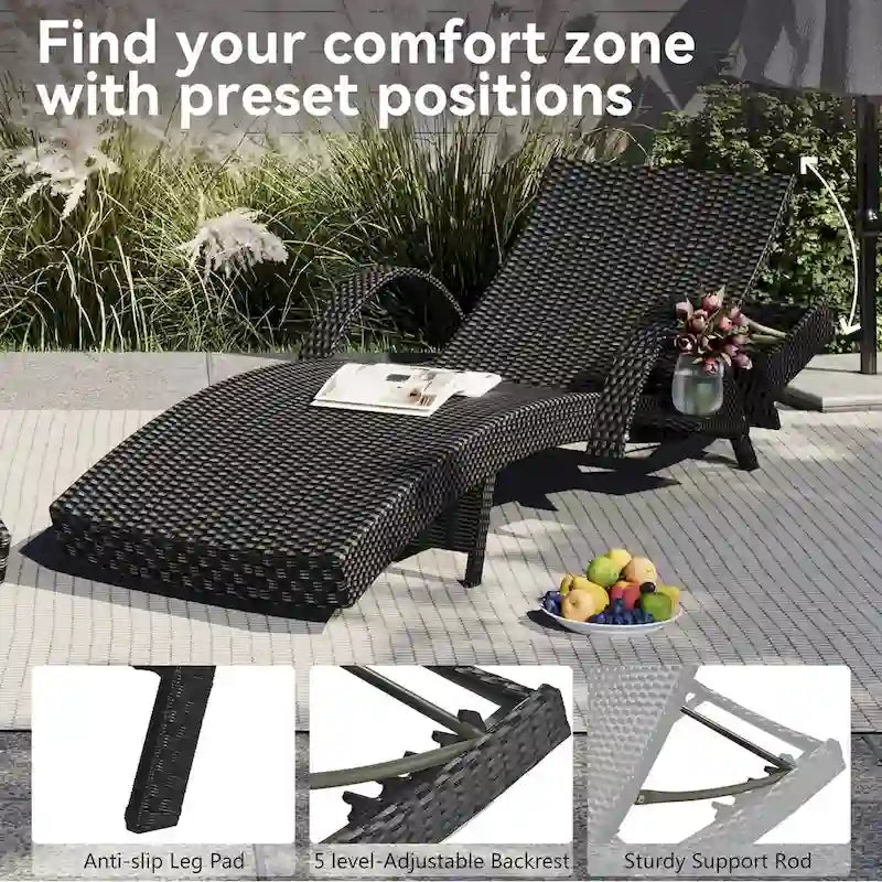 Ensemble de 2 chaises longues en osier de 80 cm, chaise longue de patio en rotin inclinable avec table d'appoint coulissante et dossier réglable ergonomique