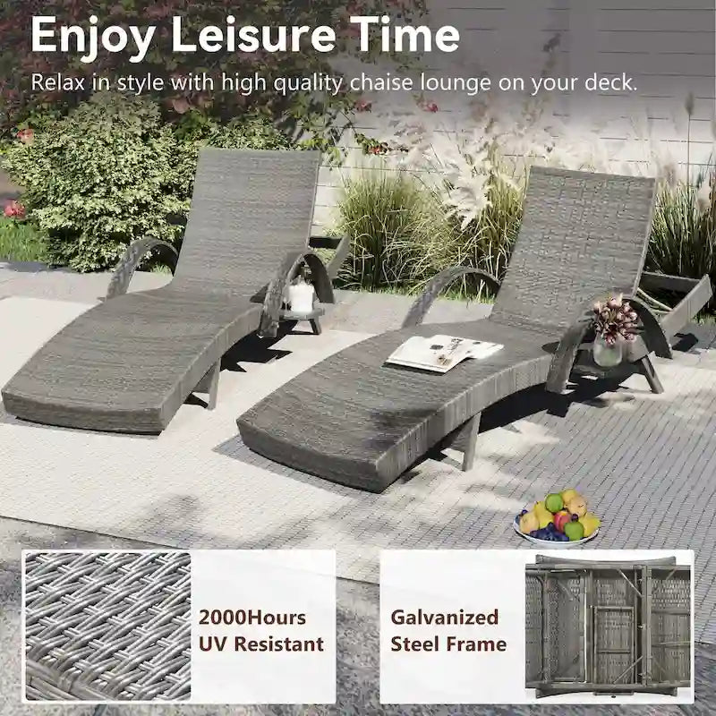 Ensemble de 2 chaises longues en osier de 80 cm, chaise longue de patio en rotin inclinable avec table d'appoint coulissante et dossier réglable ergonomique