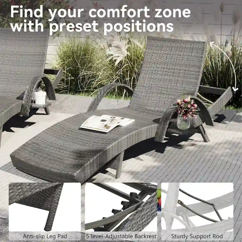 Ensemble de 2 chaises longues en osier de 80 cm, chaise longue de patio en rotin inclinable avec table d'appoint coulissante et dossier réglable ergonomique
