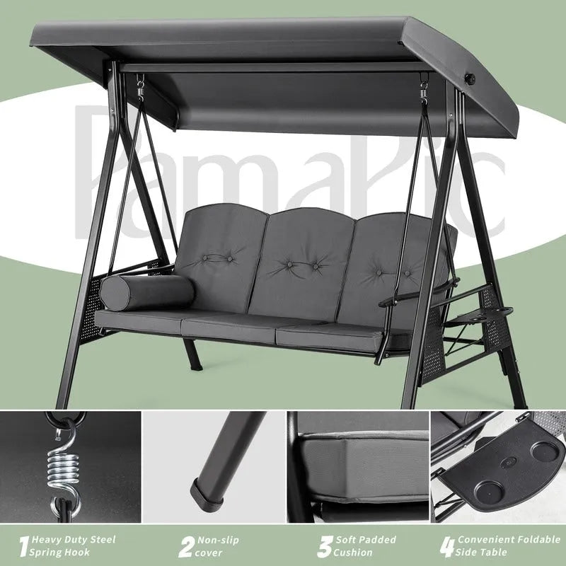Balançoire de patio en métal pour 3 personnes avec auvent et coussins - Non disponible