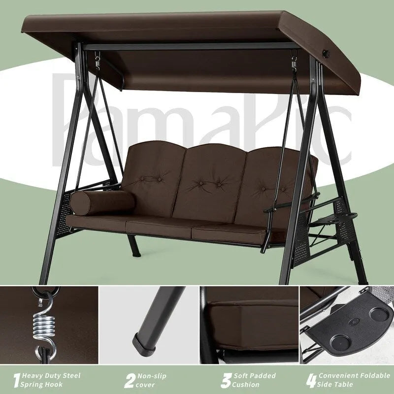 Balançoire de patio en métal pour 3 personnes avec auvent et coussins - Non disponible