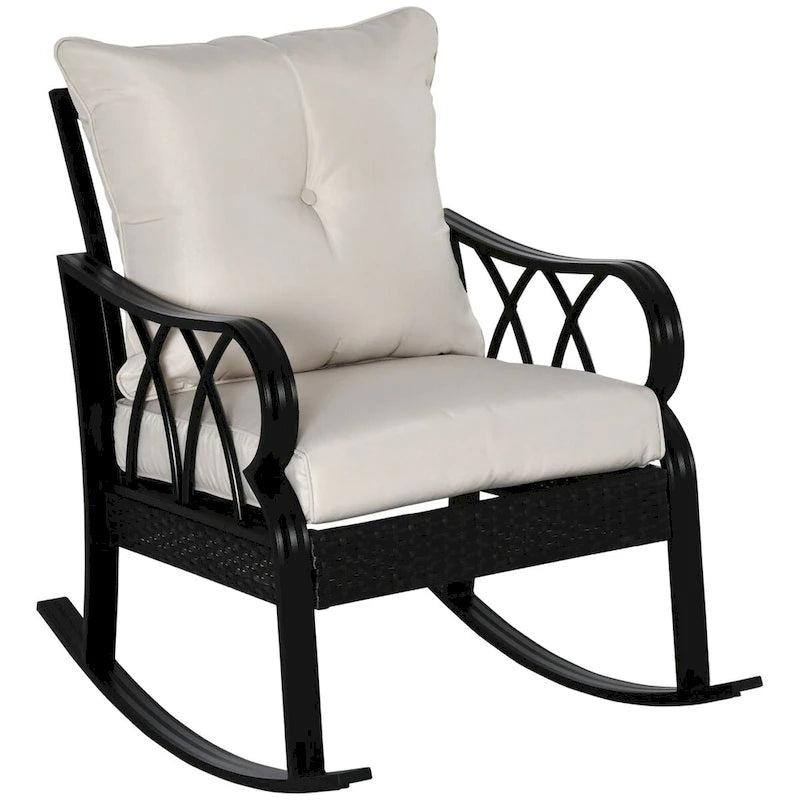 Fauteuil à bascule d'extérieur en osier avec coussins rembourrés et accoudoirs