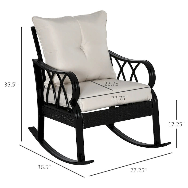 Fauteuil à bascule d'extérieur en osier avec coussins rembourrés et accoudoirs