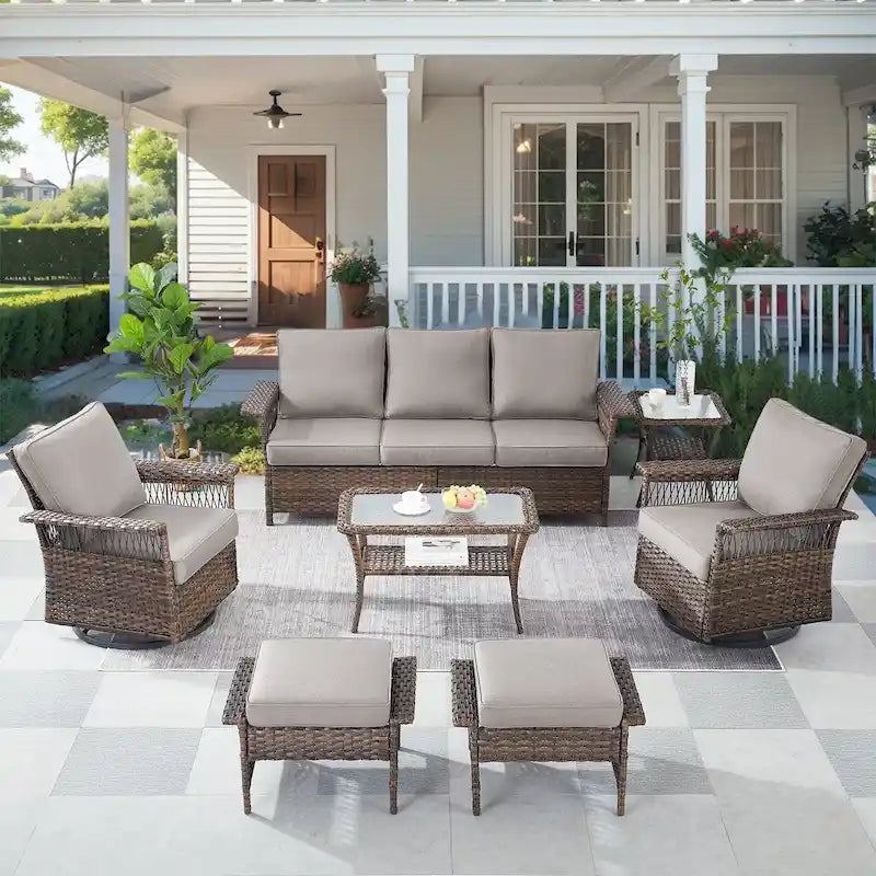 Ensemble de fauteuils à bascule pivotants pour patio en résine tressée résistante aux intempéries - Marron