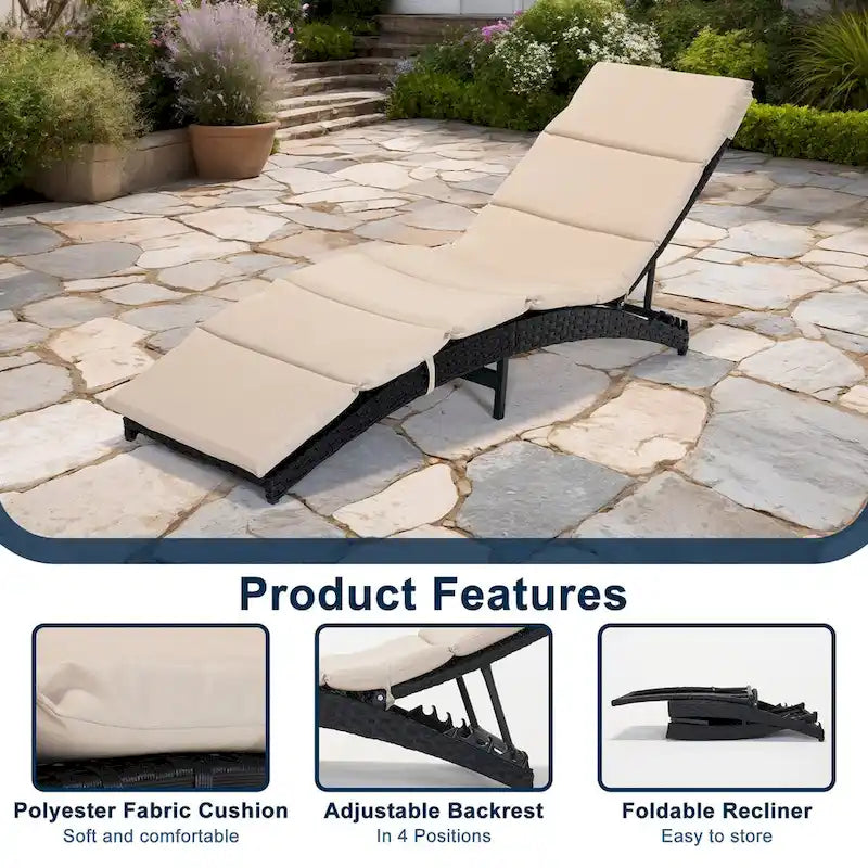 Chaise longue de patio pliable, chaise longue d'extérieur en rotin