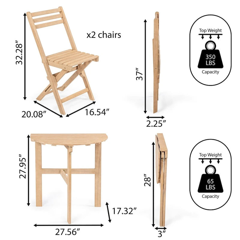 Ensemble bistro pliant demi-rond 3 pièces en bois d'acacia, style campagne française classique, par JONATHAN Y.
