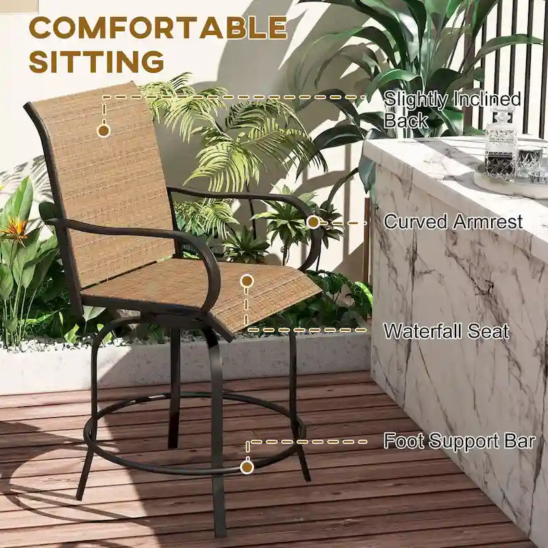Tabourets de bar pivotants à 360° pour extérieur avec accoudoirs, tissu en maille (lot de 2)