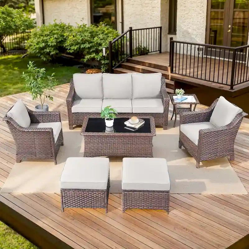Ensemble table et chaises de jardin 7 pièces avec pouf - Marron