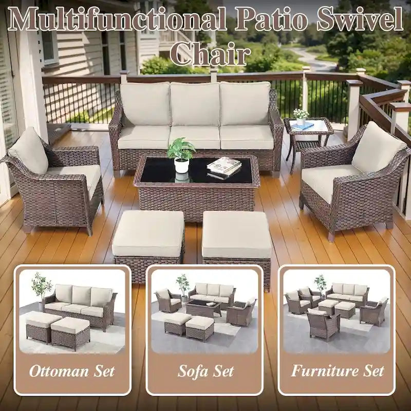 Ensemble table et chaises de jardin 7 pièces avec pouf - Marron