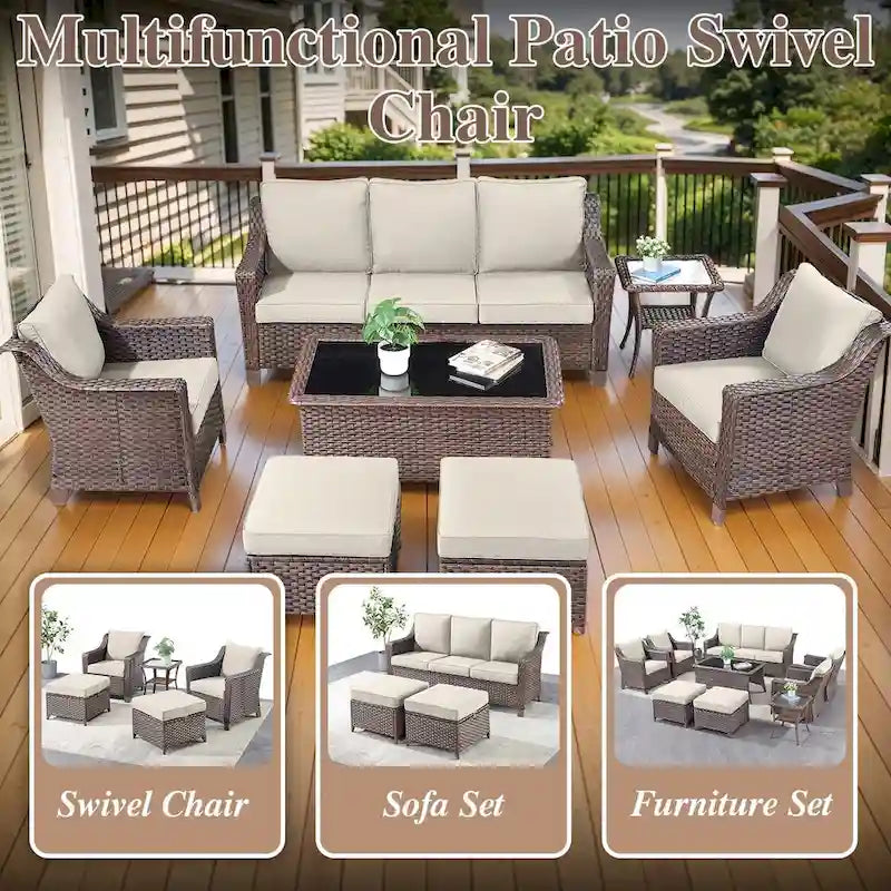 Ensemble table et chaises de jardin 7 pièces avec pouf - Marron