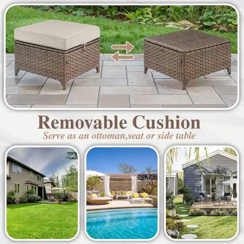 Ensemble table et chaises de jardin 7 pièces avec pouf - Marron