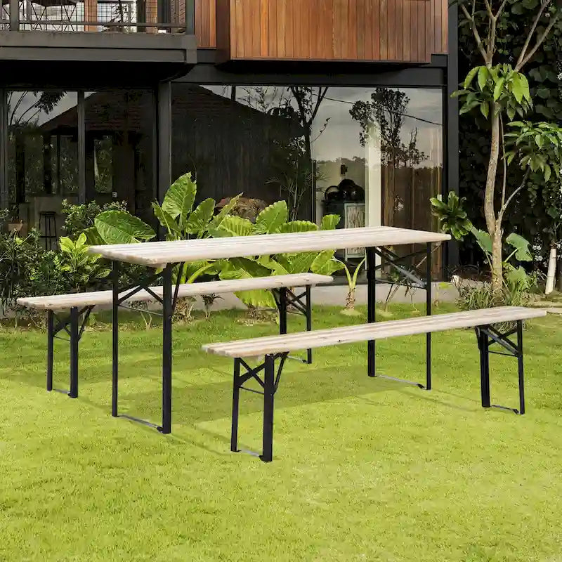 Outdoor Portable Picnic Table and Bench Set, Wooden Folding Camping Dining Table Set, Set of 3