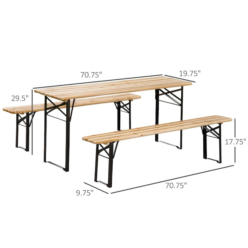 Ensemble table et banc de pique-nique portables d'extérieur, ensemble table et banc de camping pliant en bois, lot de 3
