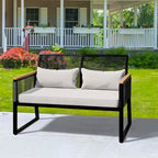Outdoor Patio Sofa Beige Soft Cloud Cushions with Strong Black Metal Furniture - 28Lx 45.3W x 30.7H