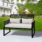 Canapé d'extérieur beige moelleux avec coussins nuage et structure en métal noir robuste - 71 cm (L) x 115 cm (l) x 78 cm (H)