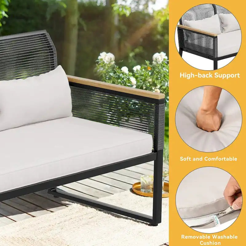 Canapé d'extérieur beige moelleux avec coussins nuage et structure en métal noir robuste - 71 cm (L) x 115 cm (l) x 78 cm (H)