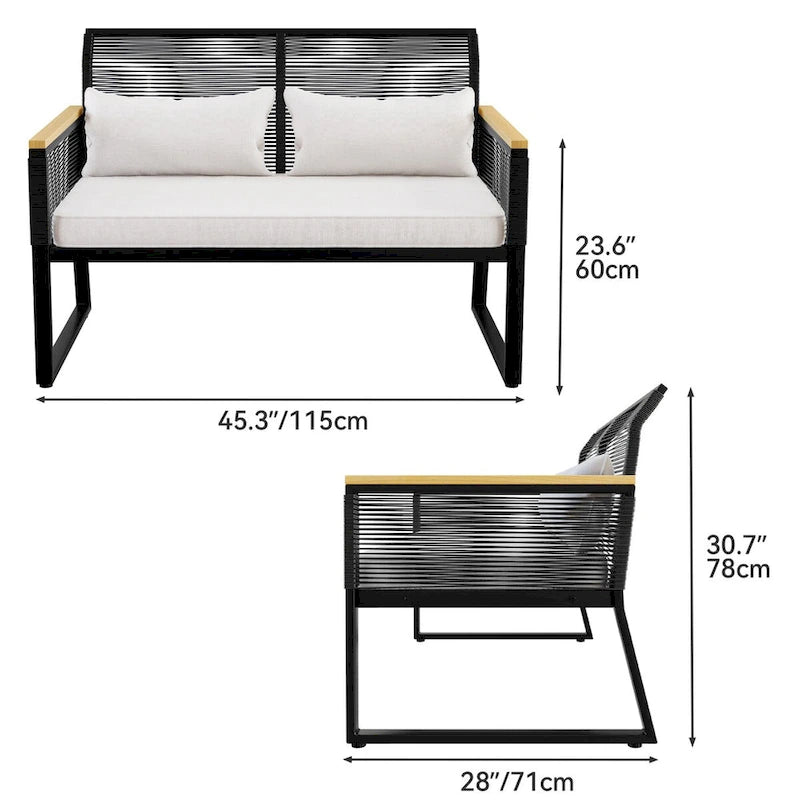 Canapé d'extérieur beige moelleux avec coussins nuage et structure en métal noir robuste - 71 cm (L) x 115 cm (l) x 78 cm (H)