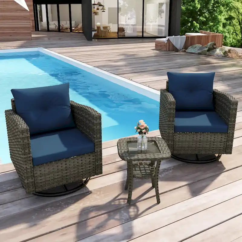 Ensemble de 3 chaises pivotantes de conversation en rotin d'extérieur avec table