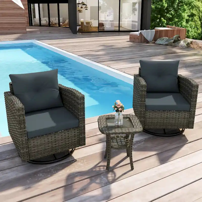 Ensemble de 3 chaises pivotantes de conversation en rotin d'extérieur avec table