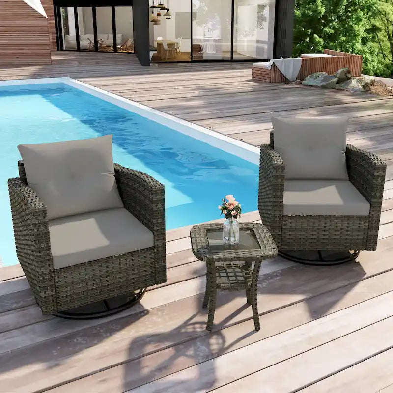 Ensemble de 3 chaises pivotantes de conversation en rotin d'extérieur avec table